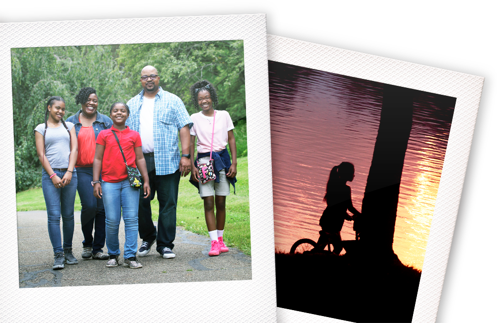 Polariod photos of a family and a girl on a bike