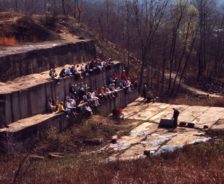 A hiking club poses on the quarry steps, 1969
